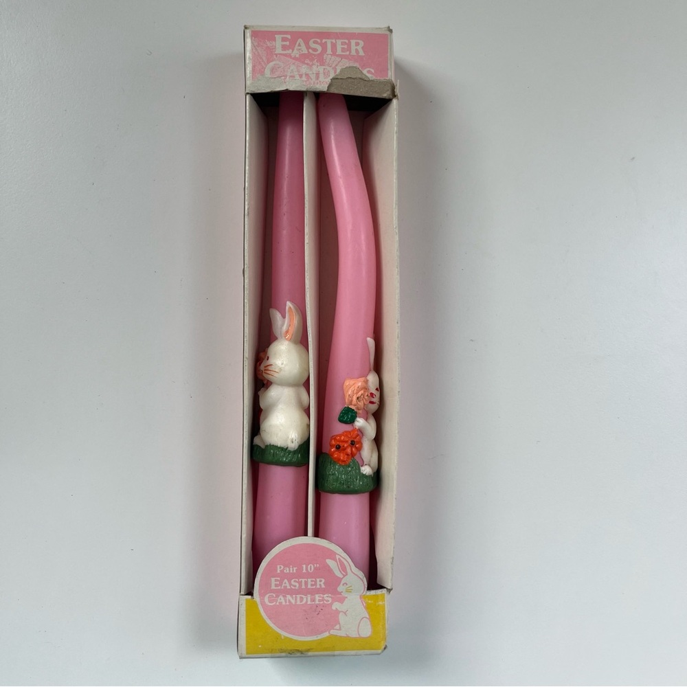 Vintage Loomco Easter Candles w Bunny Rabbit Pink White One Bent w Box Set of 2